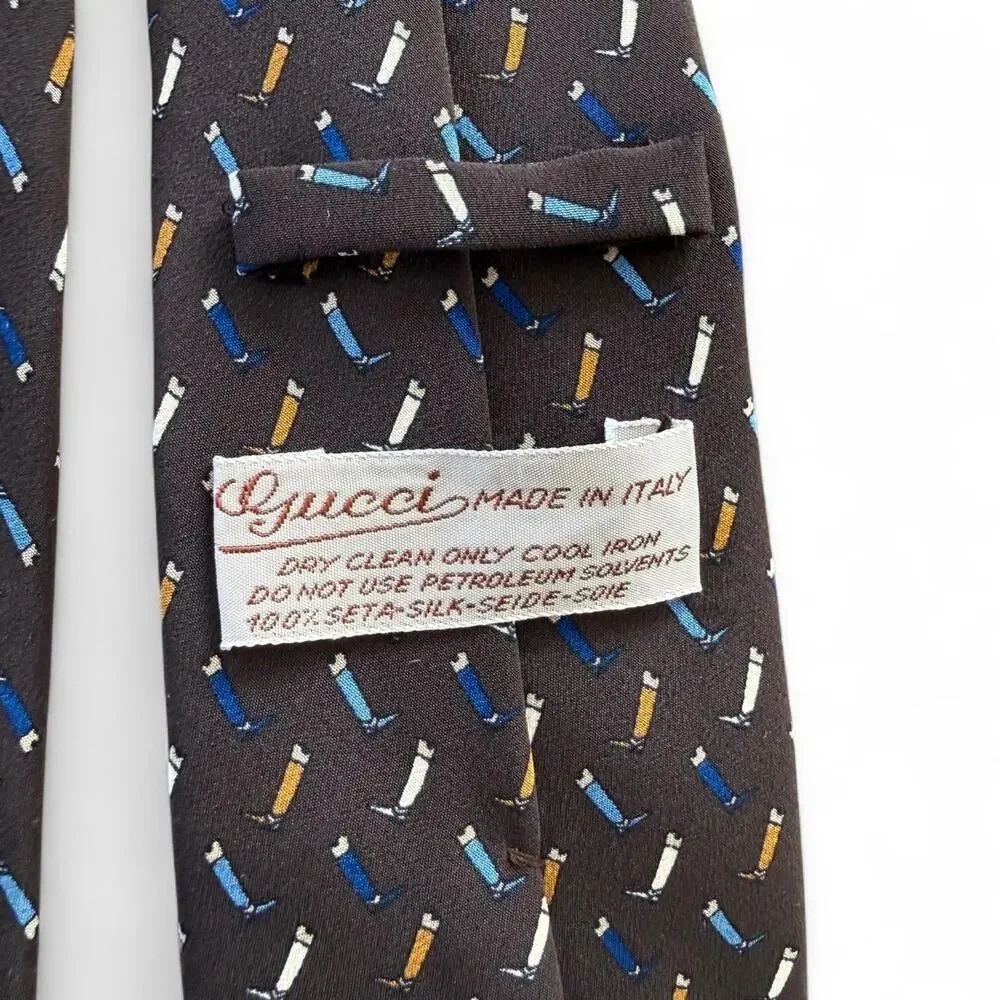 Vintage 80s Gucci 100% Silk Tie Brown Boot Print Italy Rare Old Money Office